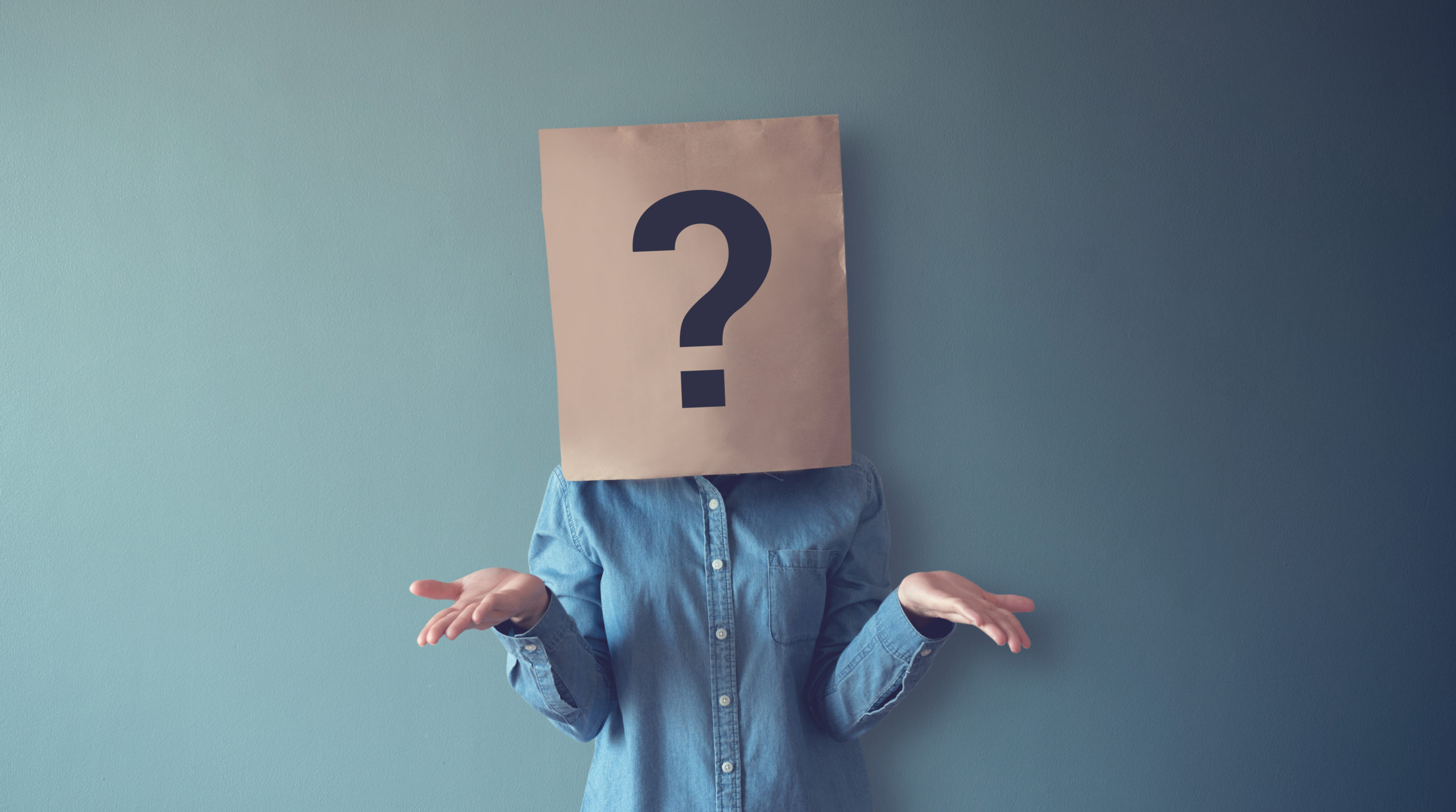 Woman has Confused, Thinking, Question Mark Icon on Paper Bag, c